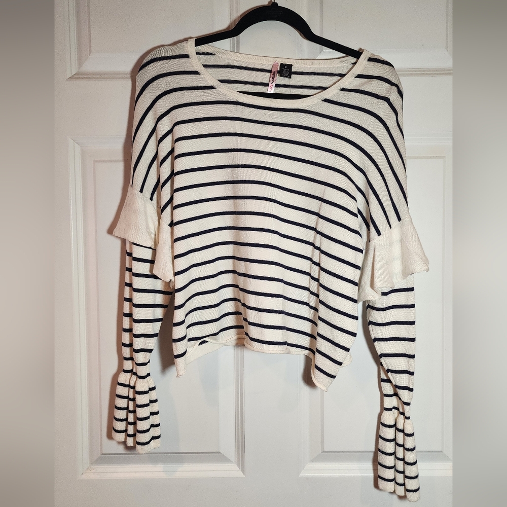NWT Love By Design Black White Striped Flounce Sleeve Ruffle Sweater Top M